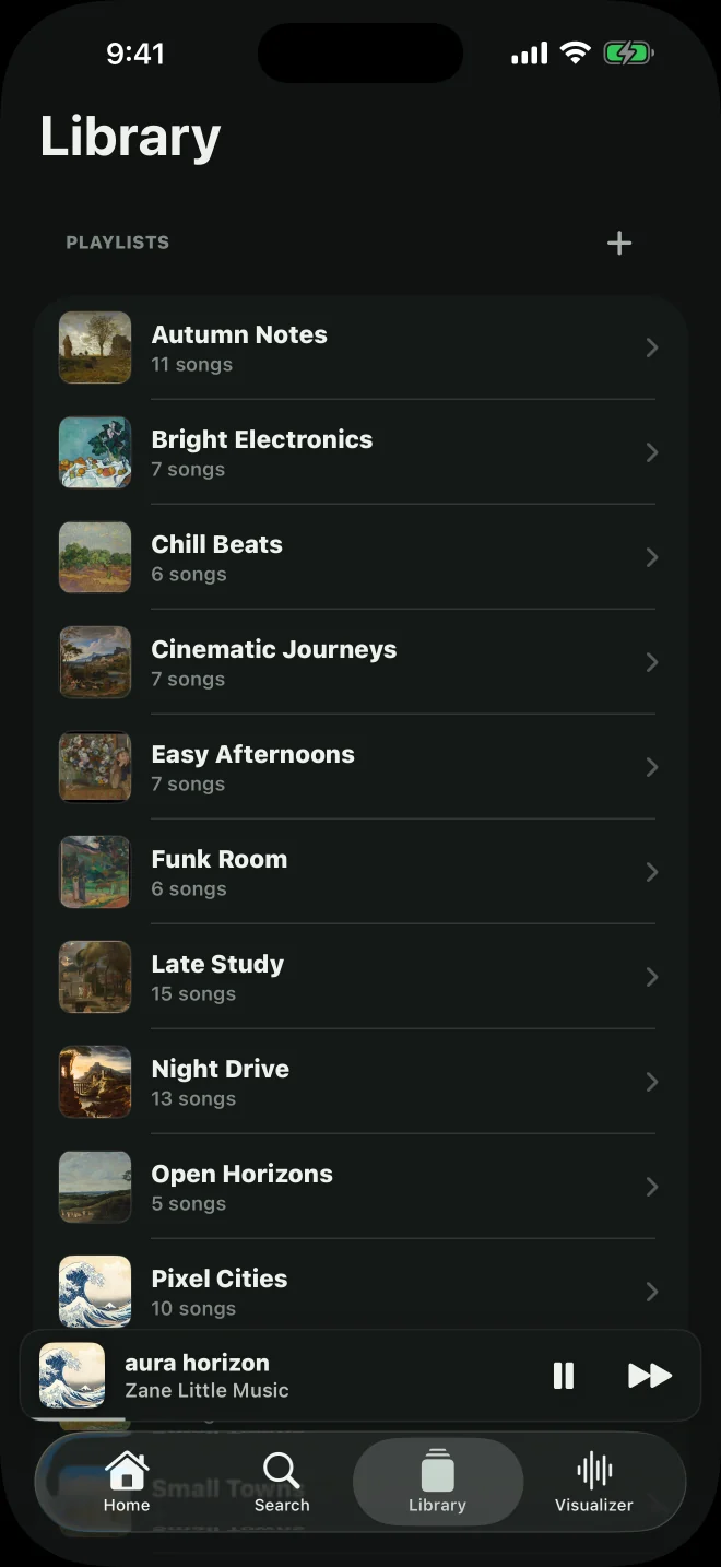 Codec Library with illustrated playlists and access to saved music